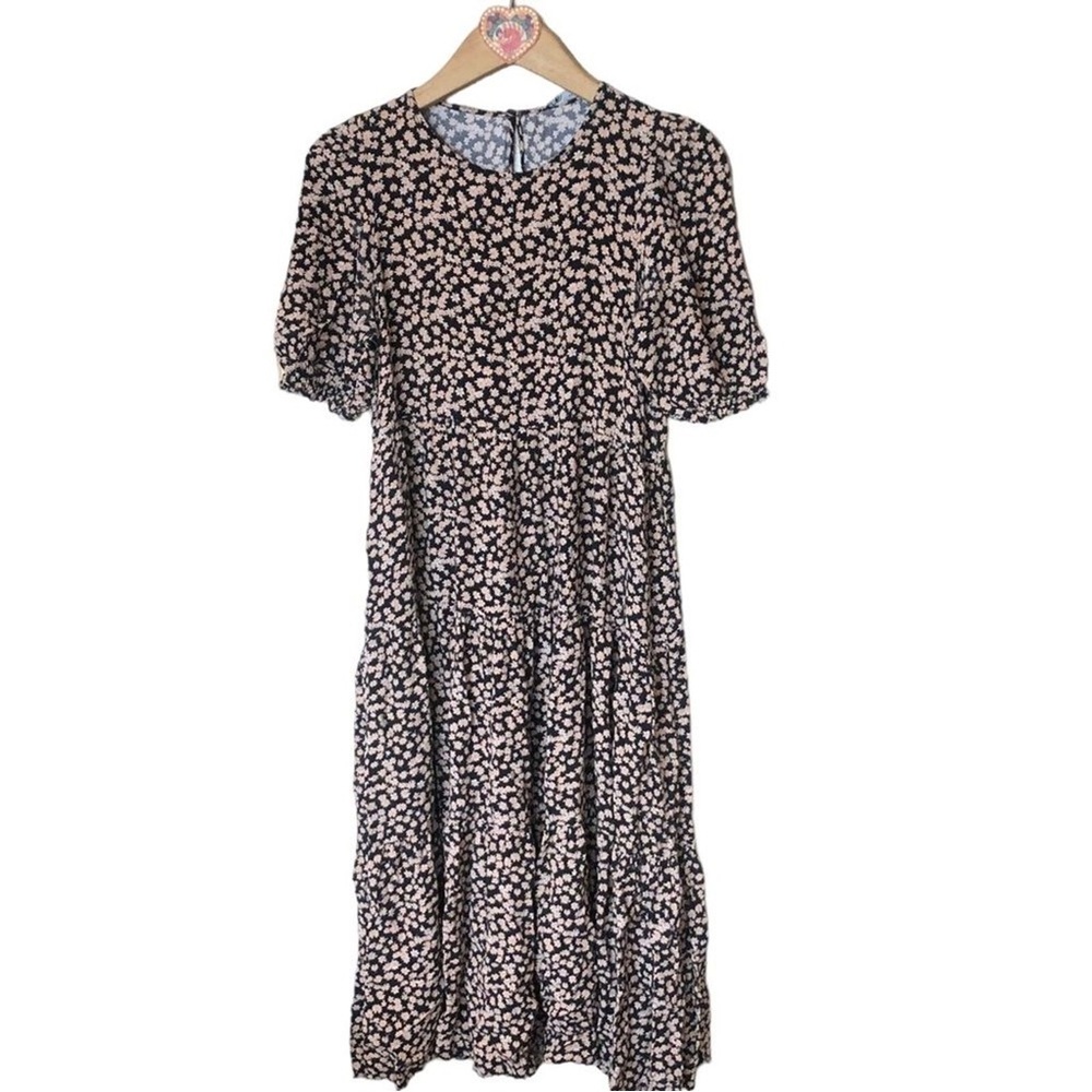 Zara Black Floral Puff Sleeve Tiered Midi Dress